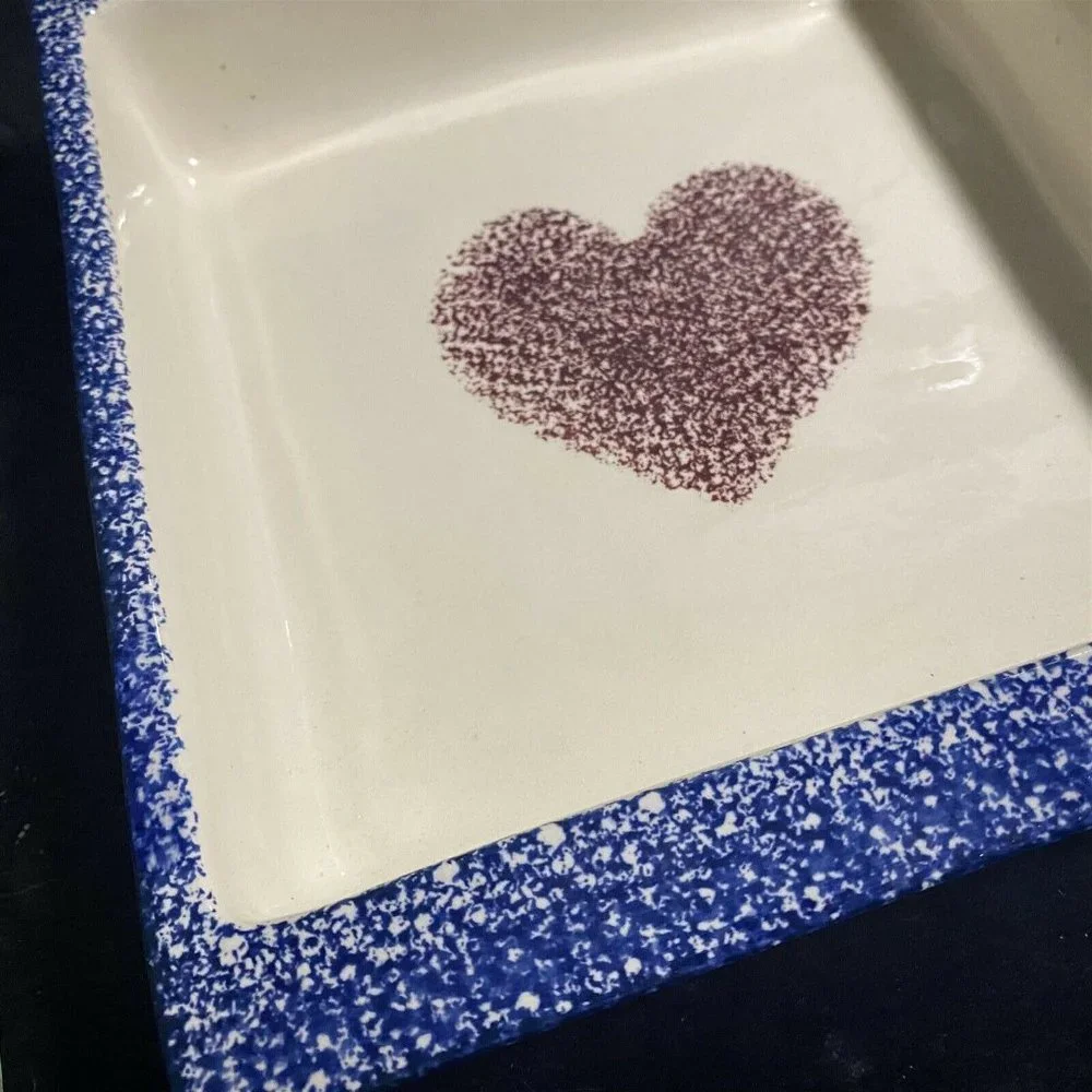 Vintage Flat Earth Pottery Heart Sponge Cake Baking Pan 1991 Square Love